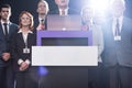 Politicians surrounding platform on media conference Royalty Free Stock Photo