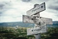 Politics as usual text on wooden rustic signpost outdoors in nature/mountain scenery.