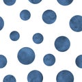 Polka dot blue navy indigo watercolor seamless pattern. Abstract watercolour background with color circles on white