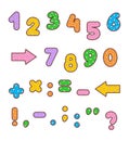 Polka-dot colorful numbers and signs set Royalty Free Stock Photo