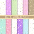 Polka dot and glitter seamless pattern collection. Set of 12 polka dot background colorful. Gold glitter. Pastel patterns vector