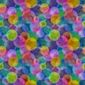 Polka dot multi-colored neon watercolor seamless pattern. Abstract watercolour background with colorful circles on black