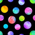 Polka dot multi-colored watercolor seamless pattern. Abstract watercolour background with colorful circles on black Royalty Free Stock Photo