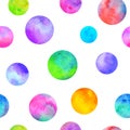 Polka dot multi-colored watercolor seamless pattern. Abstract watercolour background with colorful circles on white