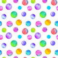 Polka dot multi-colored watercolor seamless pattern. Abstract watercolour background with colorful circles on white Royalty Free Stock Photo