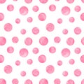 Polka dot pink watercolor seamless pattern. Abstract watercolour background with color circles on white