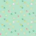 Polka dot random seamless pattern. Pink, green, yellow and white circles on light blue background Royalty Free Stock Photo
