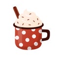 Polka dot red mug with hot dessert drink, coffee, cacao decorated with a stick of cinnamon. Flat cartoon style.