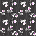 Polka dot and rose flowers on black background. Endless romantic pattern in vector