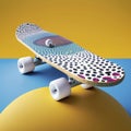 Polka Dot skateboard blue black and white on color geometric background. Sports equipment. Objects. Illustration. Generative AI