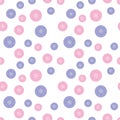 Polka dot with small hand drawn flowers. Pink and purple on a white background. Randomly placed elements