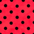 Polka dot watercolor seamless pattern. Abstract watercolour black color circles on red background