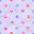 Polka dot watercolor seamless pattern. Abstract watercolour colorful circles on purple lavender background