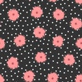 Polka dots and flowers painted with brush. Cute floral seamless pattern.