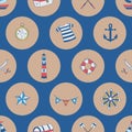 Polka dots nautical elements, boat, compass, chest, anchor, shipwheel Royalty Free Stock Photo