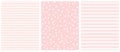 Cute White and Pink Geometric Seamless Vector Pattern Set. Polka Dots, Tiny Chevron and Vertical Stripes.