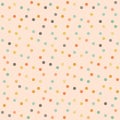 Polka dots vector seamless pattern background. Trendy truchet generative art random multicolor circles on pink backdrop