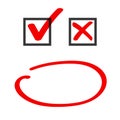 Poll vote check box and marker circle correct choice answer hand drawn icons vector, yes no check box list ticks doodle