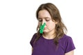 Pollen allergy concept. Young woman cant breathe and wearing peg on her nose