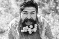 Pollen allergy. Taking antihistamines makes life easier for allergy sufferers. Man with yellow dandelions in beard