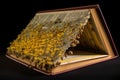pollen-covered book with the pages of the book visible