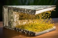 pollen-covered book with the pages of the book visible