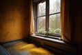 pollen-covered window in a quiet room