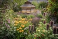 pollinator garden with beehive, surrounded by flowering plants