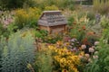 pollinator garden with beehive, surrounded by flowering plants