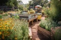 pollinator garden with honeycomb and beekeeping supplies visible