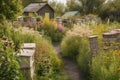 pollinator garden with variety of flowering plants and beehives