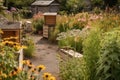 pollinator garden with variety of flowering plants and beehives