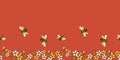 Pollinators Bees and flowers horizontal border seamless repeat Vector on red background