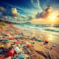 Polluted Beach with Plastic Trash and Debris at Sunset with Ocean Waves pollution garbage Royalty Free Stock Photo