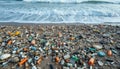 Polluted Beach with Plastic Waste by the Ocean Showcases Environmental Pollution Problem Royalty Free Stock Photo
