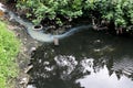 Polluted black dirty wastewater canal in city community of Bangkok. Royalty Free Stock Photo
