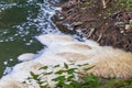 Polluted foam on a river. Concept of environmental issues, as river pollution