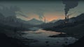 Acrid River: A Darkly Romantic Illustration Of A Wilderness With A Factory