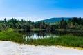 Polluted lake with kaolin on abandoned quarry with beautiful blue sky