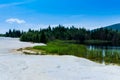 Polluted lake with kaolin on abandoned quarry with beautiful blue sky