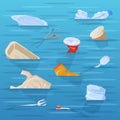 Polluted ocean, plastic disposable trash floating in water. Disposable plastic garbage in polluted ocean or sea water Royalty Free Stock Photo