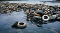 Polluted river with discarded tires