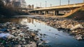 Polluted river with garbage and debris