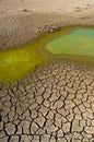 Polluted water and cracked soil of dried out lake