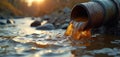 Polluted water flows from rusty pipe into river. Illustration of pollution harmful for environment. Waste water contamination Royalty Free Stock Photo