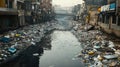 A polluted waterway filled with trash, highlighting environmental degradation Royalty Free Stock Photo