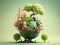 Polluting factory and green tree balancing on a globe. Save the world concept. AI generative