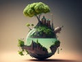 Polluting factory and green tree balancing on a globe. Save the world concept. AI generative