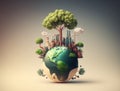 Polluting factory and green tree balancing on a globe. Save the world concept. AI generative