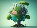 Polluting factory and green tree balancing on a globe. Save the world concept. AI generative